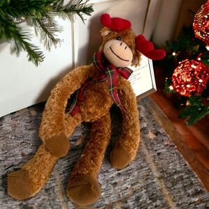 Plush Stuffed Animal Christmas Hug & Luv Monkey with Plaid Scarf and Antlers